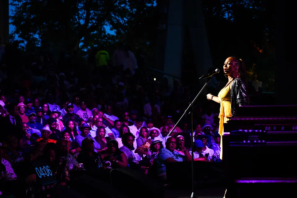A vocalist sings to an amphitheatre audience lit in magenta at nightfall